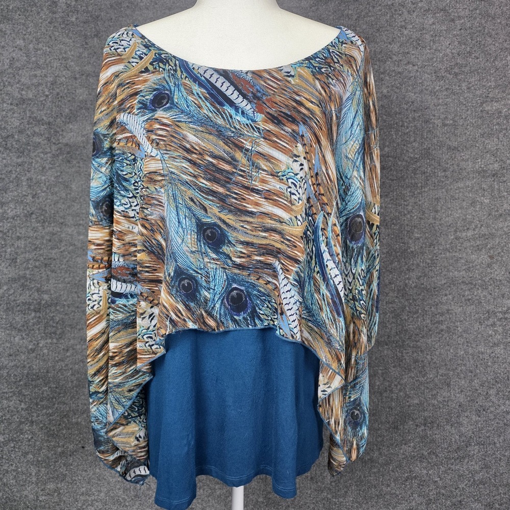 Cha Cha Vente Womens 1X (XXL) Peacock Top Teal Feathers Flowy Drape Arm Coverage - Picture 2 of 12